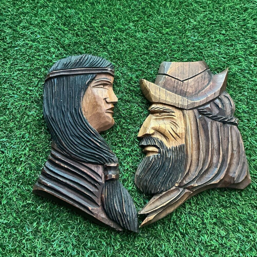 Vintage Argentina Hand Carved Wood Gaucho Couple Wall Plaques Folk Art 11”